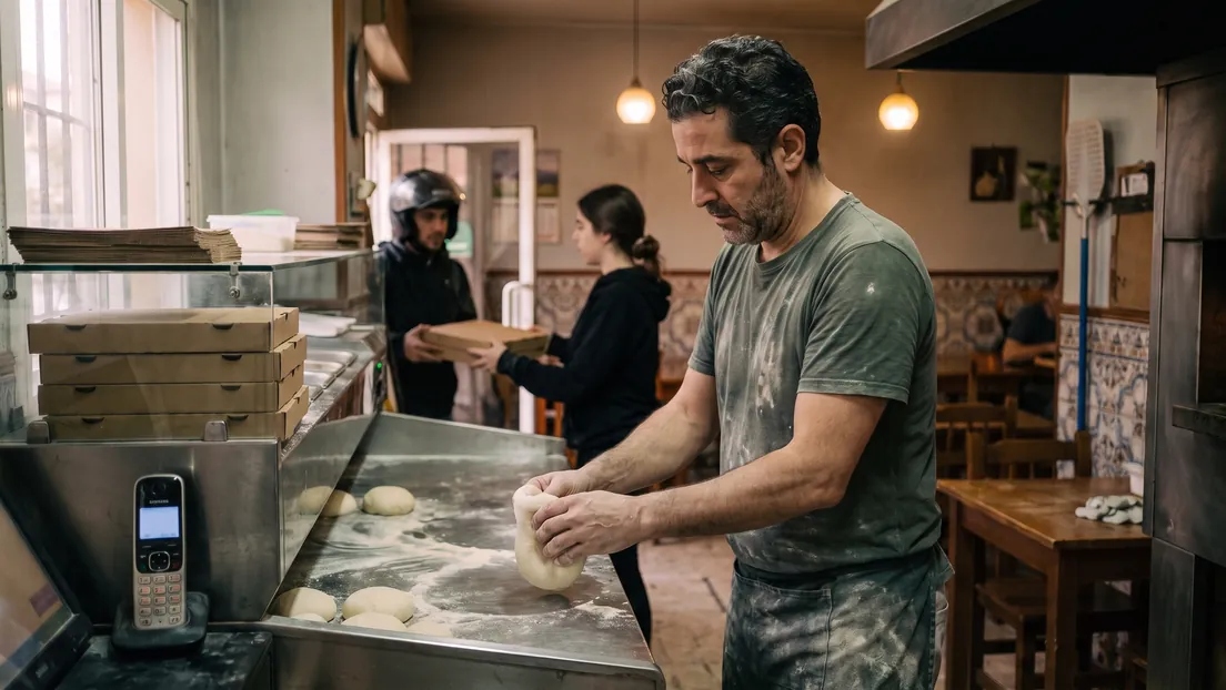 El mismo pizzero estira la masa tranquilo mientras su compañera entrega una pizza al repartidor; el teléfono descansa en su base