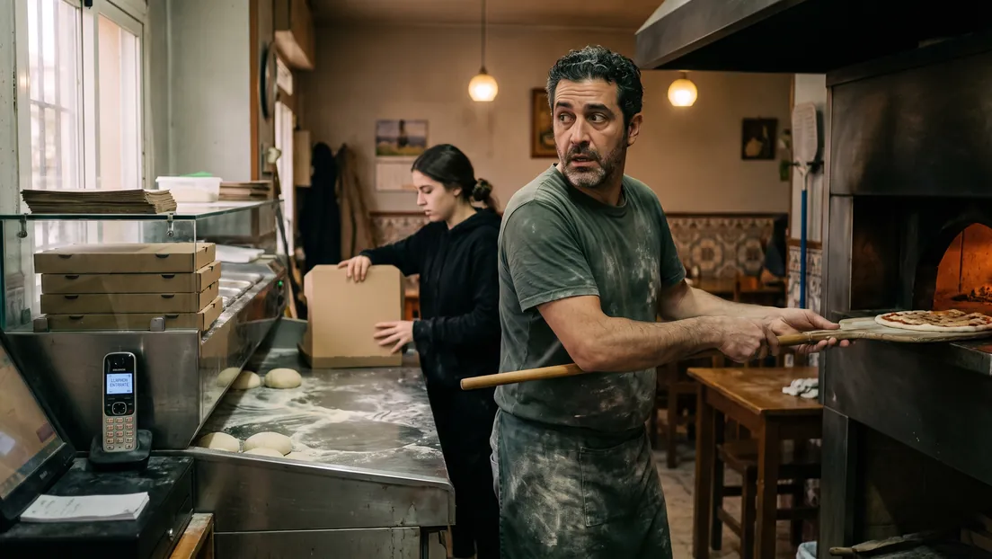 Un viernes por la noche en una pizzería: el pizzero mete una pizza en el horno y mira de reojo el teléfono que suena en el mostrador mientras su compañera dobla cajas