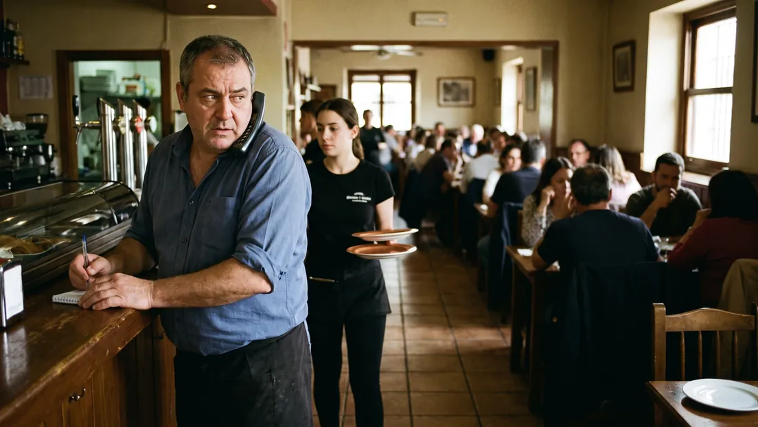 El encargado de un restaurante, con el teléfono sujeto con el hombro, apunta una reserva en la barra mientras una camarera pasa con platos y la sala está llena